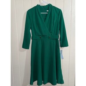 London Times Green Fit and Flare V-Neck Midi Dress 3/4 Sleeve Size 4 NWT